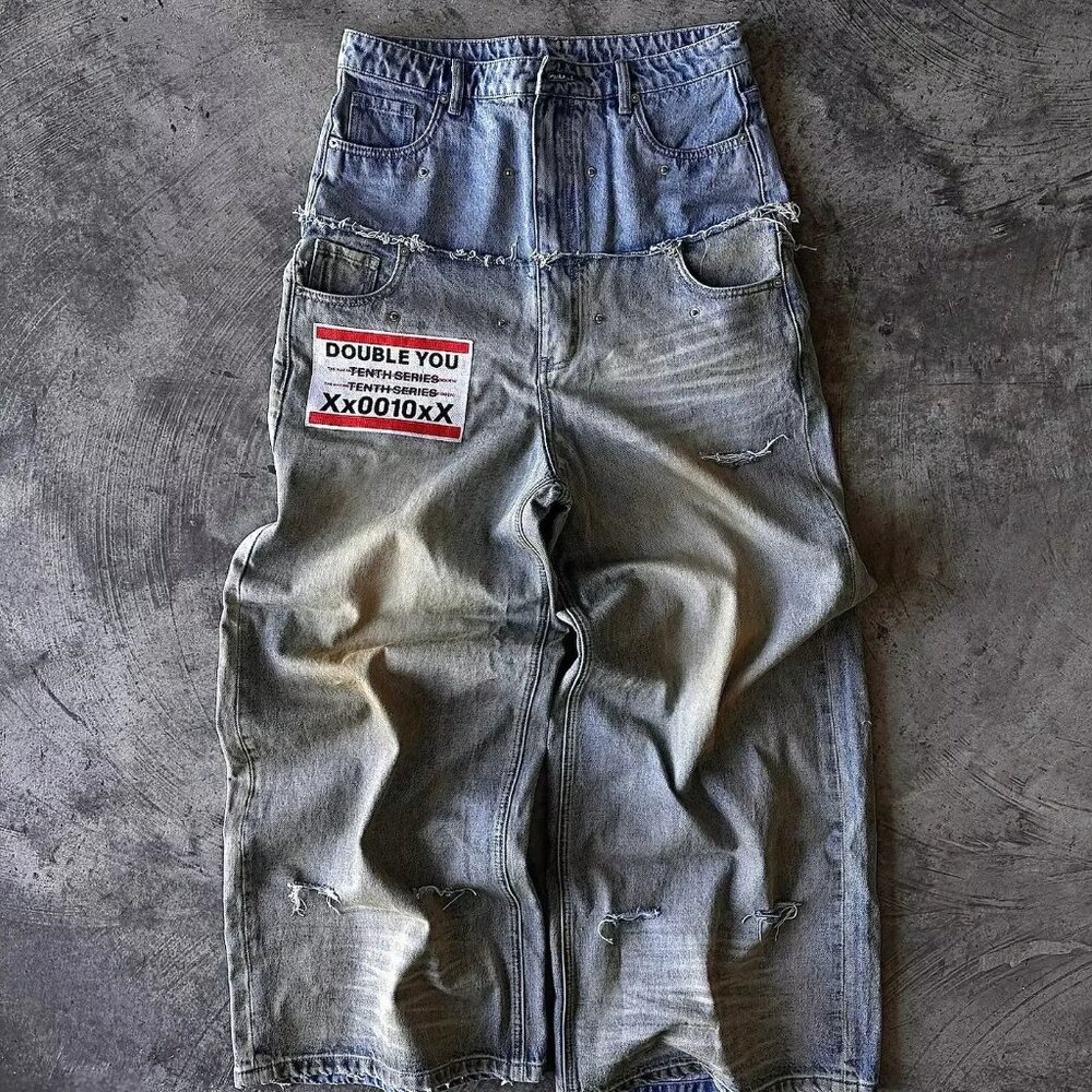 Street hip hop letter-print jeans Men y2k Goth punk Harajuku ripped wide leg